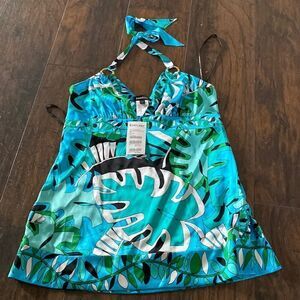 Bebe Jungle Print Neck Tie Halter Top size L NWT 95% silk 5% Spandex